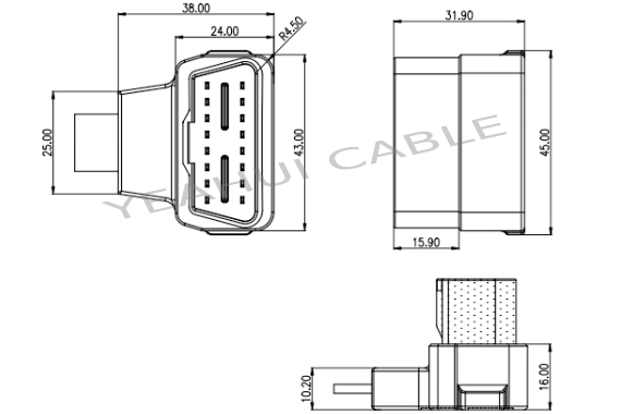 24V OBDII male right angle connector